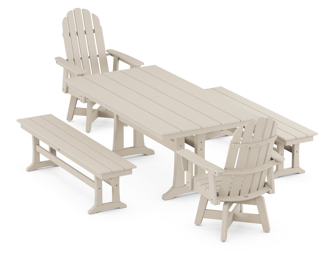 POLYWOOD® Vineyard Curveback Adirondack Swivel Chair 5-Piece Farmhouse Dining Set With Trestle Legs and Benches
