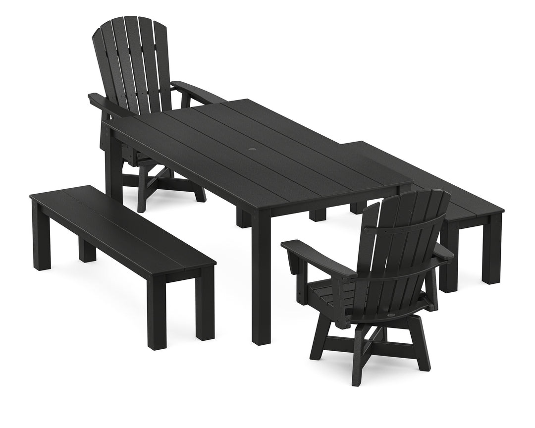 POLYWOOD® Nautical Curveback Adirondack Swivel 5-Piece Parsons Dining Set with Benches