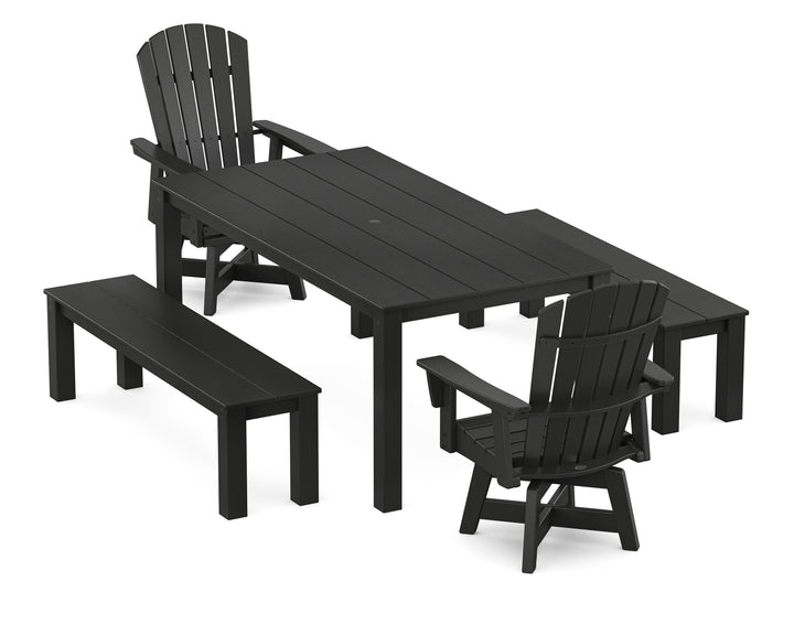 POLYWOOD® Nautical Curveback Adirondack Swivel 5-Piece Parsons Dining Set with Benches