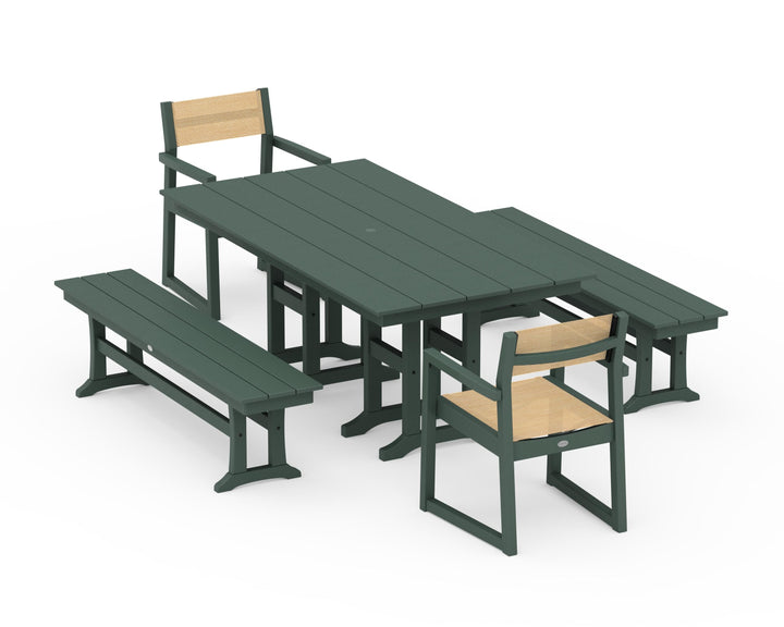 POLYWOOD® EDGE Sling Arm Chair 5-Piece Farmhouse Dining Set with Benches