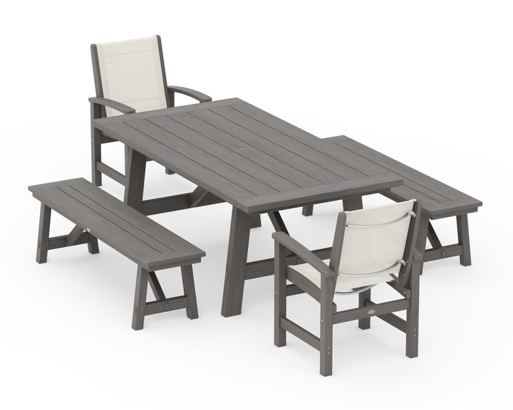 POLYWOOD® Coastal 5-Piece Rustic Farmhouse Dining Set With Benches