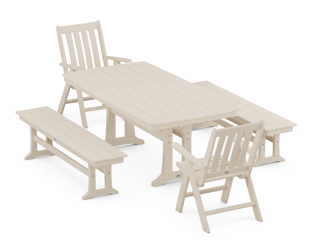 POLYWOOD® Vineyard Folding Chair 5-Piece Dining Set with Trestle Legs and Benches