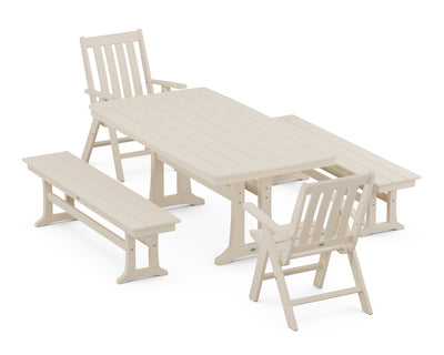 Vineyard Folding Chair 5-Piece Dining Set with Trestle Legs and Benches