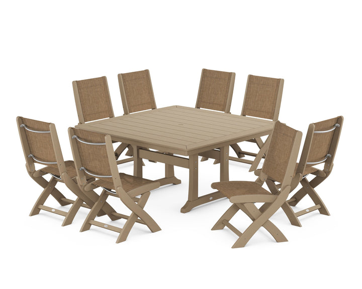 POLYWOOD® Coastal Folding Side Chair 9-Piece Dining Set with Trestle Legs