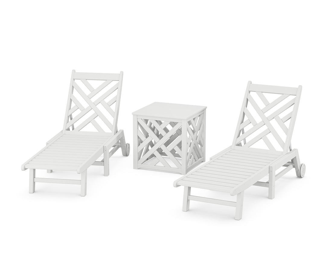 POLYWOOD® Chippendale 3-Piece Chaise Set with Wheels and Umbrella Stand Accent Table