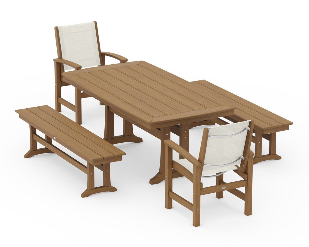 POLYWOOD® Coastal 5-Piece Dining Set with Trestle Legs and Benches
