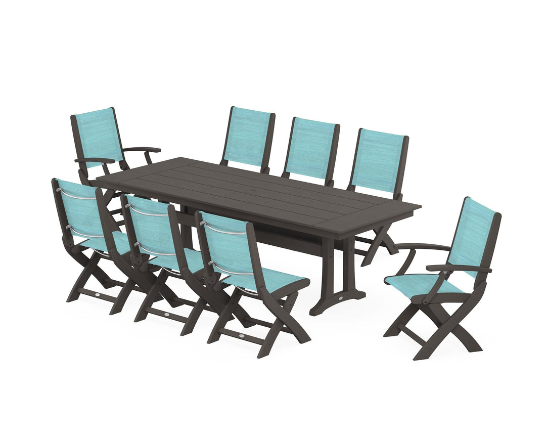 POLYWOOD® Coastal 9-Piece Folding Dining Chair Farmhouse Dining Set with Trestle Legs