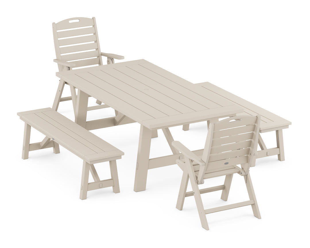 POLYWOOD® Nautical Folding Highback Chair 5-Piece Rustic Farmhouse Dining Set With Benches