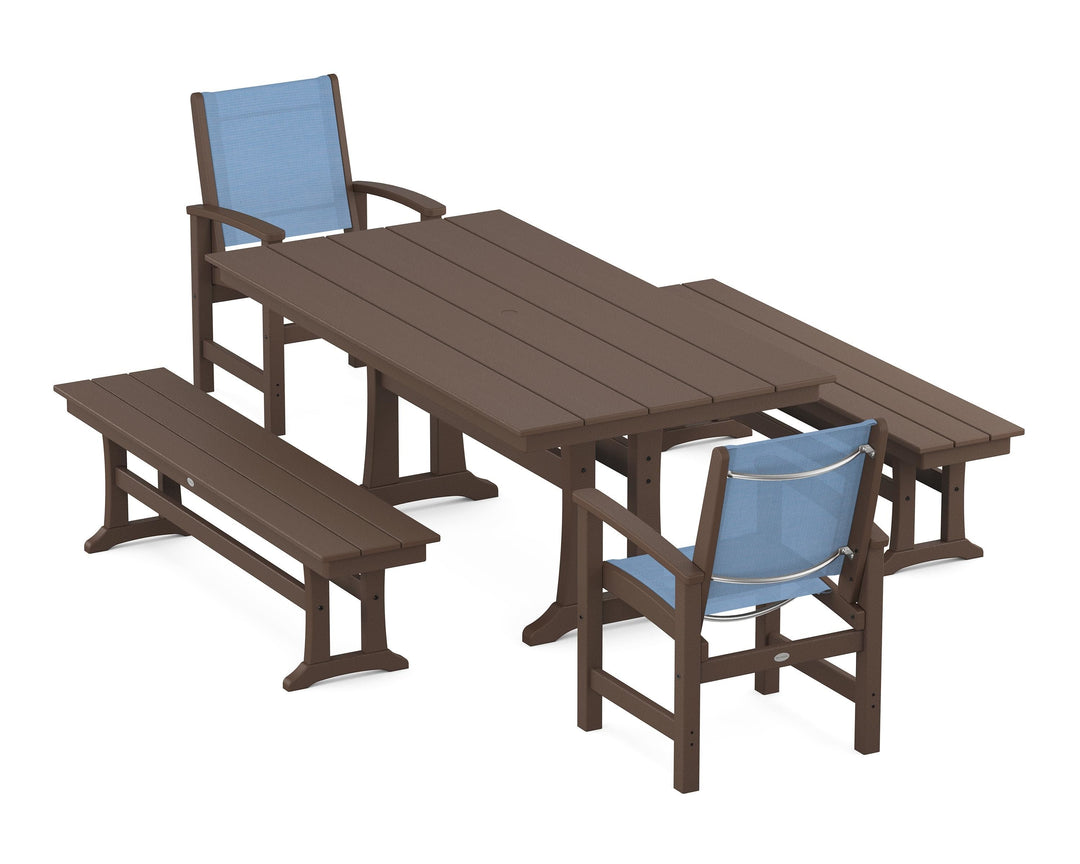 POLYWOOD® Coastal 5-Piece Farmhouse Dining Set with Trestle Legs and Benches