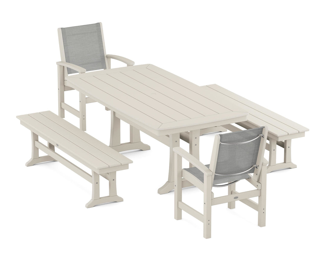 POLYWOOD® Coastal 5-Piece Dining Set with Trestle Legs and Benches