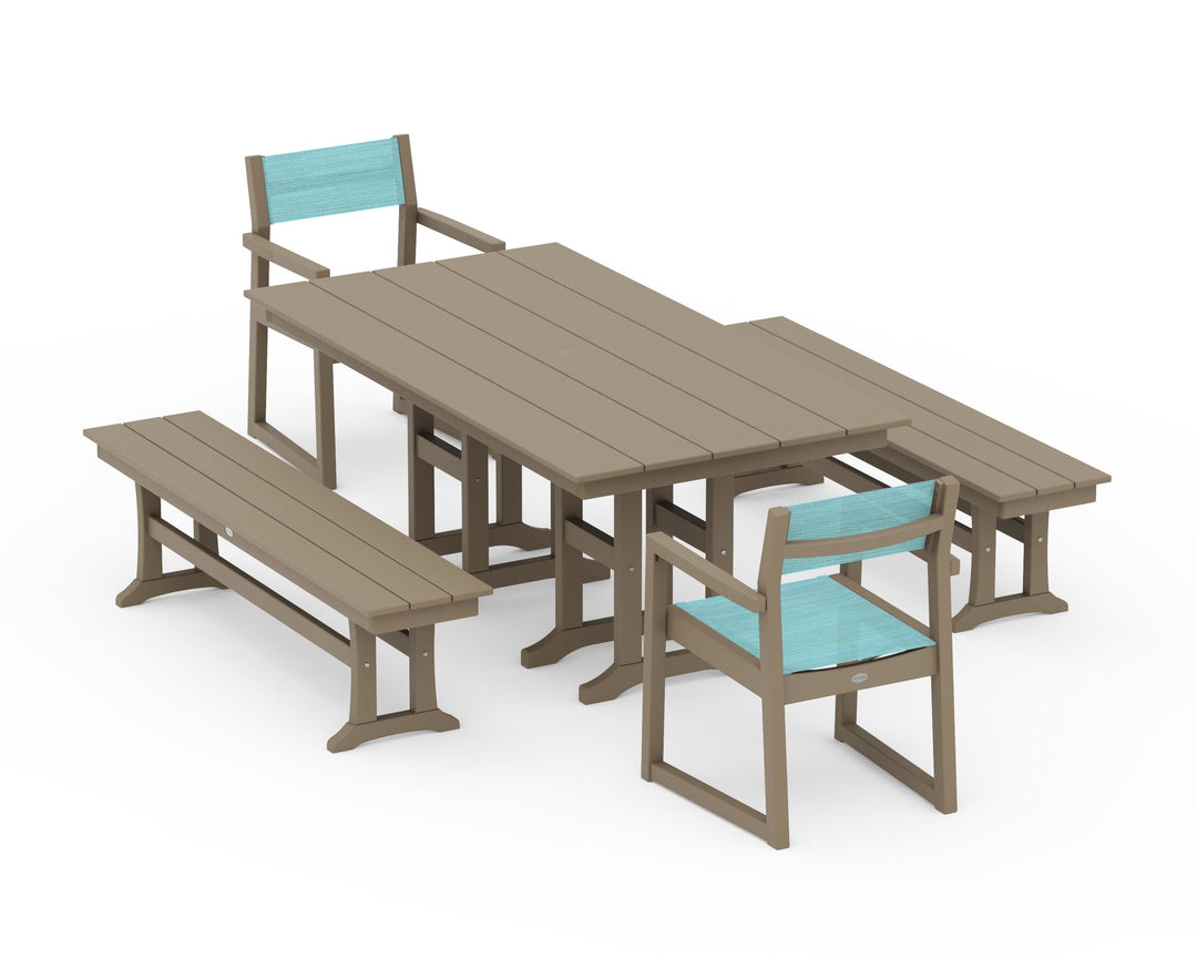 POLYWOOD® EDGE Sling Arm Chair 5-Piece Farmhouse Dining Set with Benches