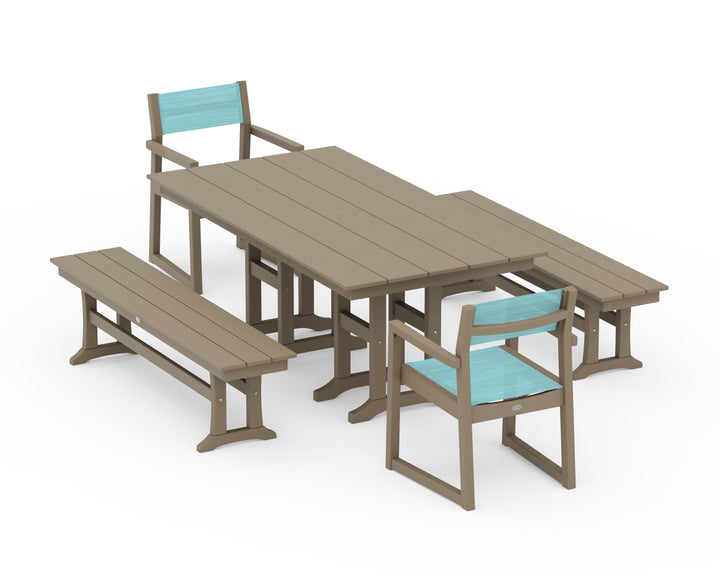 POLYWOOD® EDGE Sling Arm Chair 5-Piece Farmhouse Dining Set with Benches