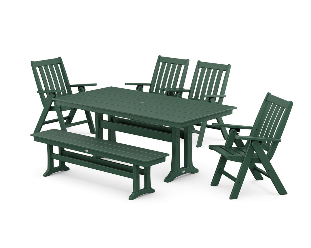 POLYWOOD® Vineyard 6-Piece Folding Chair Farmhouse Dining Set with Trestle Legs and Bench
