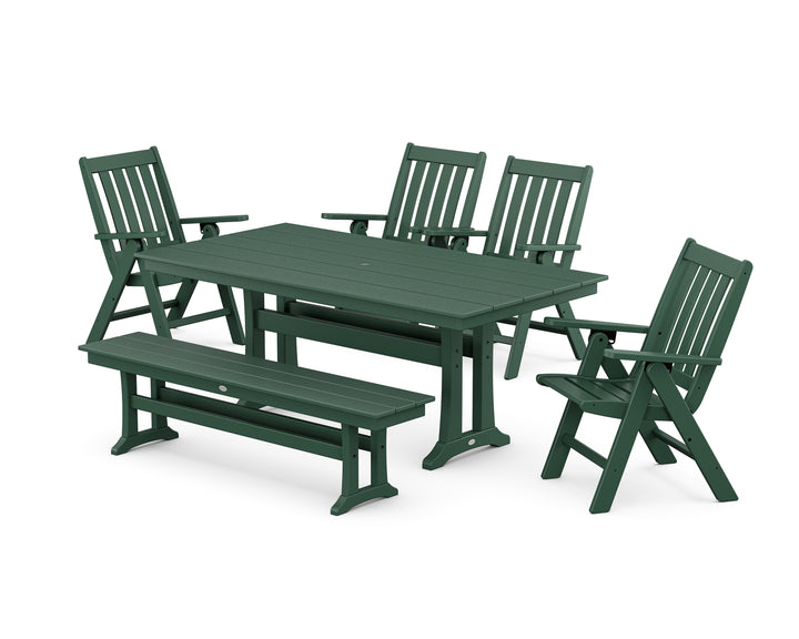 POLYWOOD® Vineyard 6-Piece Folding Chair Farmhouse Dining Set with Trestle Legs and Bench