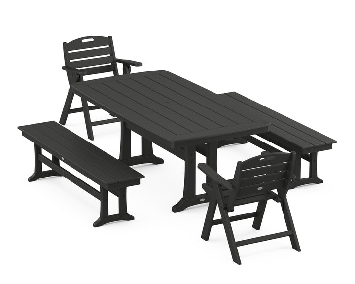 POLYWOOD® Nautical Folding Lowback Chair 5-Piece Dining Set with Trestle Legs and Benches