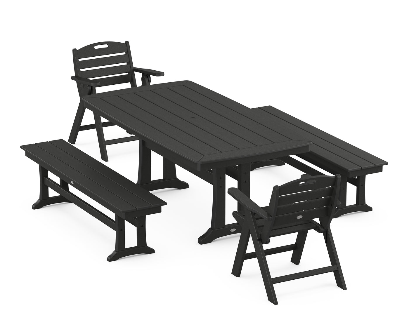 Nautical Folding Lowback Chair 5-Piece Dining Set with Trestle Legs and Benches