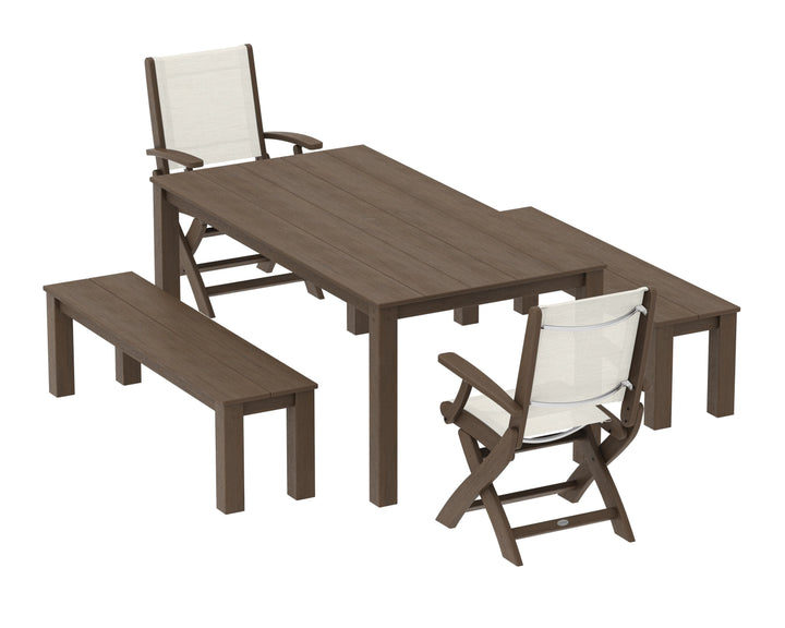 POLYWOOD® Coastal Folding Chair 5-Piece Parsons Dining Set with Benches