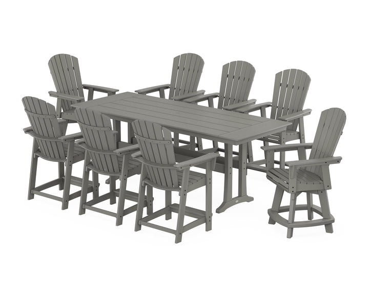 POLYWOOD® Nautical Curveback Adirondack Swivel Chair 9-Piece Farmhouse Counter Set with Trestle Legs
