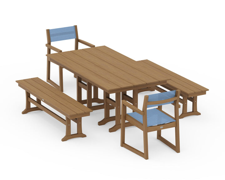 POLYWOOD® EDGE Sling Arm Chair 5-Piece Farmhouse Dining Set with Benches