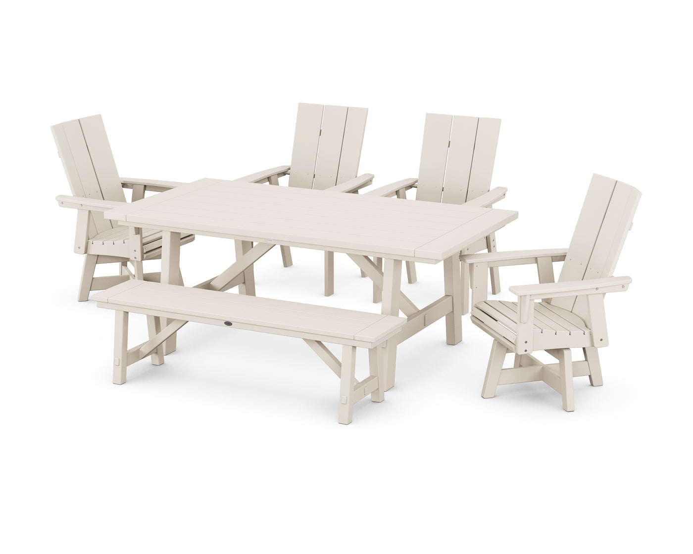 Modern Curveback Adirondack Swivel Chair 6-Piece Rustic Farmhouse Dining Set with Bench