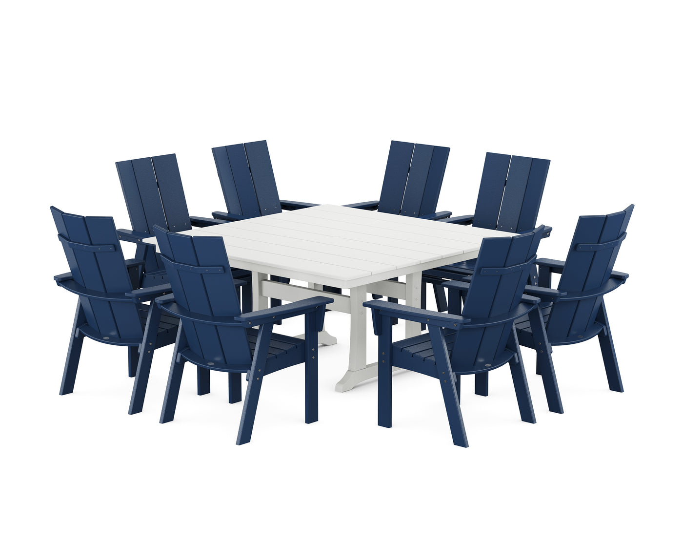 Modern Curveback Adirondack 9-Piece Farmhouse Trestle Dining Set