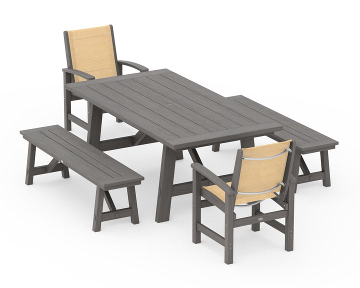 POLYWOOD® Coastal 5-Piece Rustic Farmhouse Dining Set With Benches