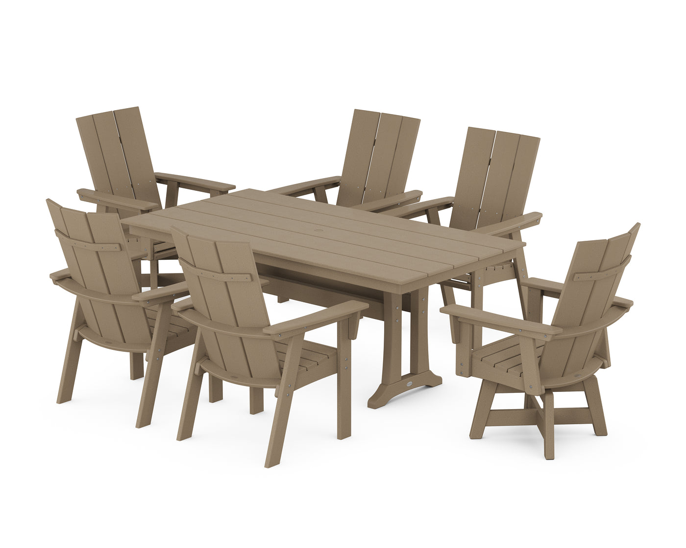 Modern Curveback Adirondack Swivel Chair 7-Piece Farmhouse Dining Set With Trestle Legs