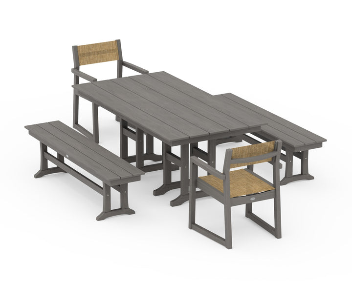 POLYWOOD® EDGE Sling Arm Chair 5-Piece Farmhouse Dining Set with Benches