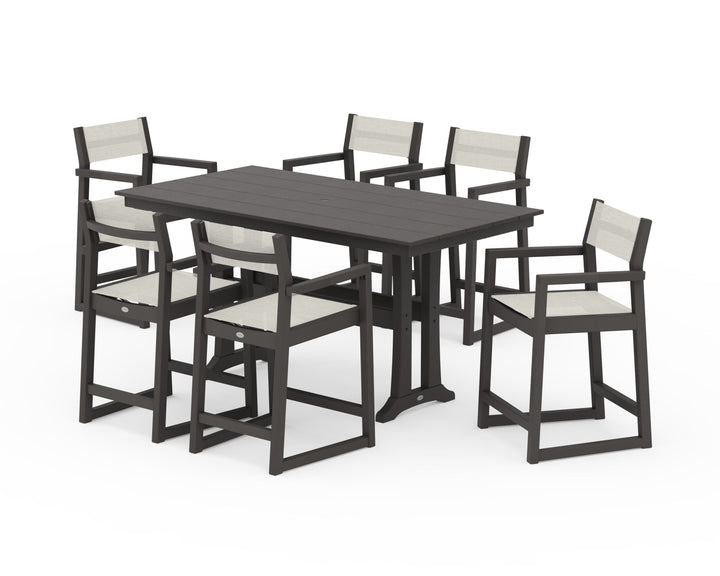 POLYWOOD® EDGE Sling Arm Chair 7-Piece Farmhouse Counter Set with Trestle Legs