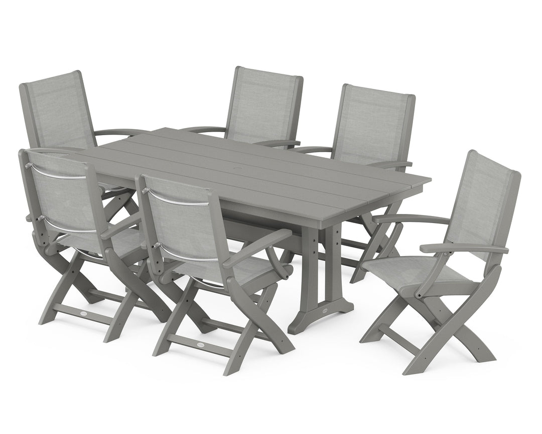 POLYWOOD® Coastal Folding Arm Chair 7-Piece Farmhouse Dining Set with Trestle Legs