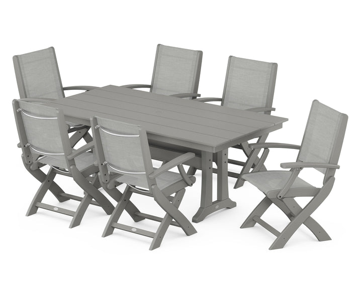 POLYWOOD® Coastal Folding Arm Chair 7-Piece Farmhouse Dining Set with Trestle Legs