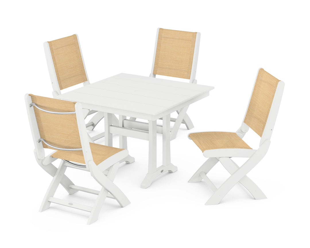 POLYWOOD® Coastal Folding Side Chair 5-Piece Farmhouse Dining Set With Trestle Legs
