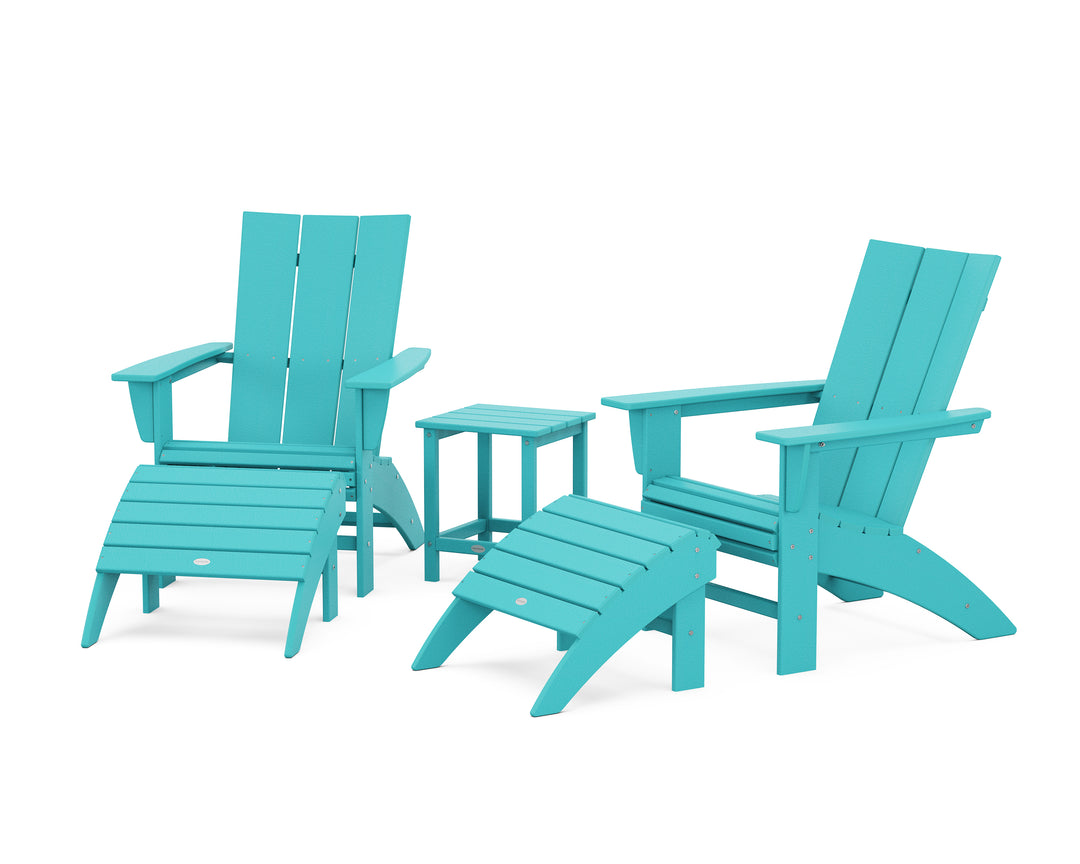 POLYWOOD® Modern Curveback Adirondack Chair 5-Piece Set with Ottomans and 18" Side Table