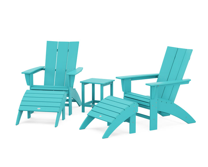 POLYWOOD® Modern Curveback Adirondack Chair 5-Piece Set with Ottomans and 18" Side Table