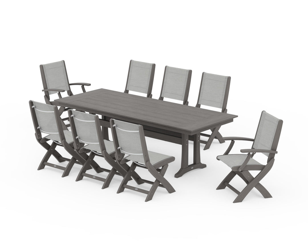 POLYWOOD® Coastal 9-Piece Folding Dining Chair Farmhouse Dining Set with Trestle Legs