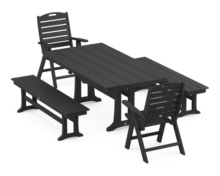 POLYWOOD® Nautical Folding Highback Chair 5-Piece Farmhouse Dining Set With Trestle Legs and Benches
