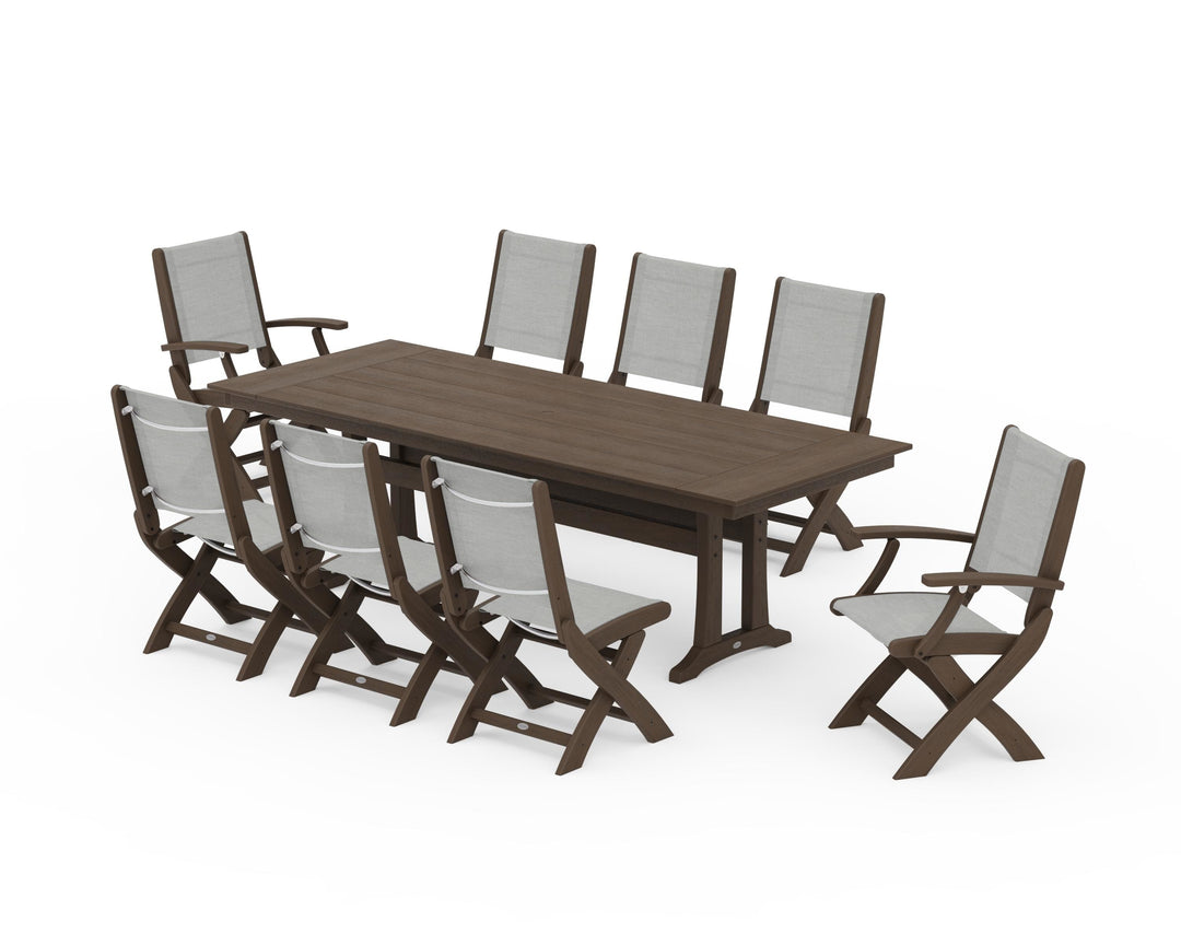 POLYWOOD® Coastal 9-Piece Folding Dining Chair Farmhouse Dining Set with Trestle Legs