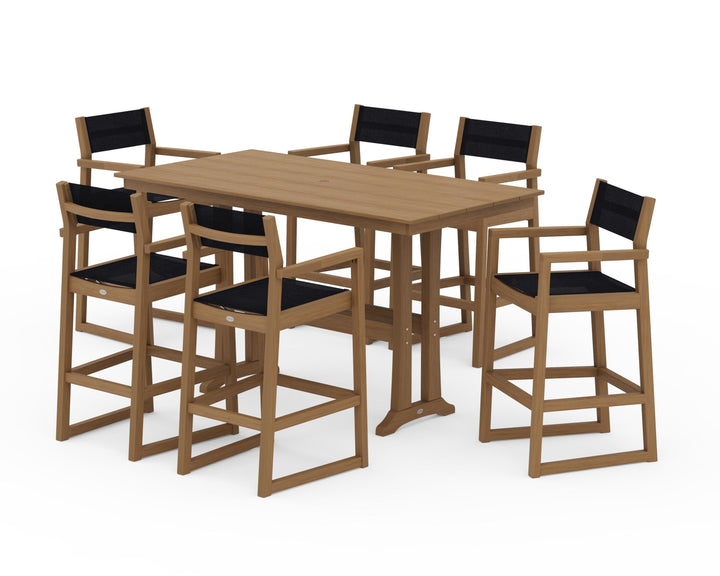 POLYWOOD® EDGE Sling Arm Chair 7-Piece Farmhouse Bar Set with Trestle Legs