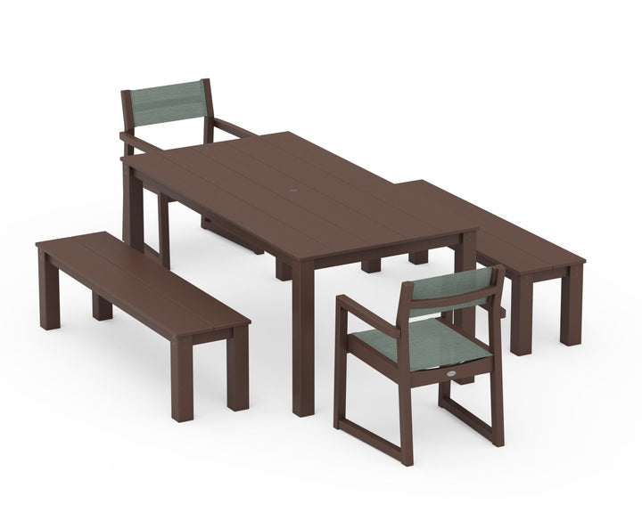 POLYWOOD® EDGE Sling Arm Chair 5-Piece Parsons Dining Set with Benches