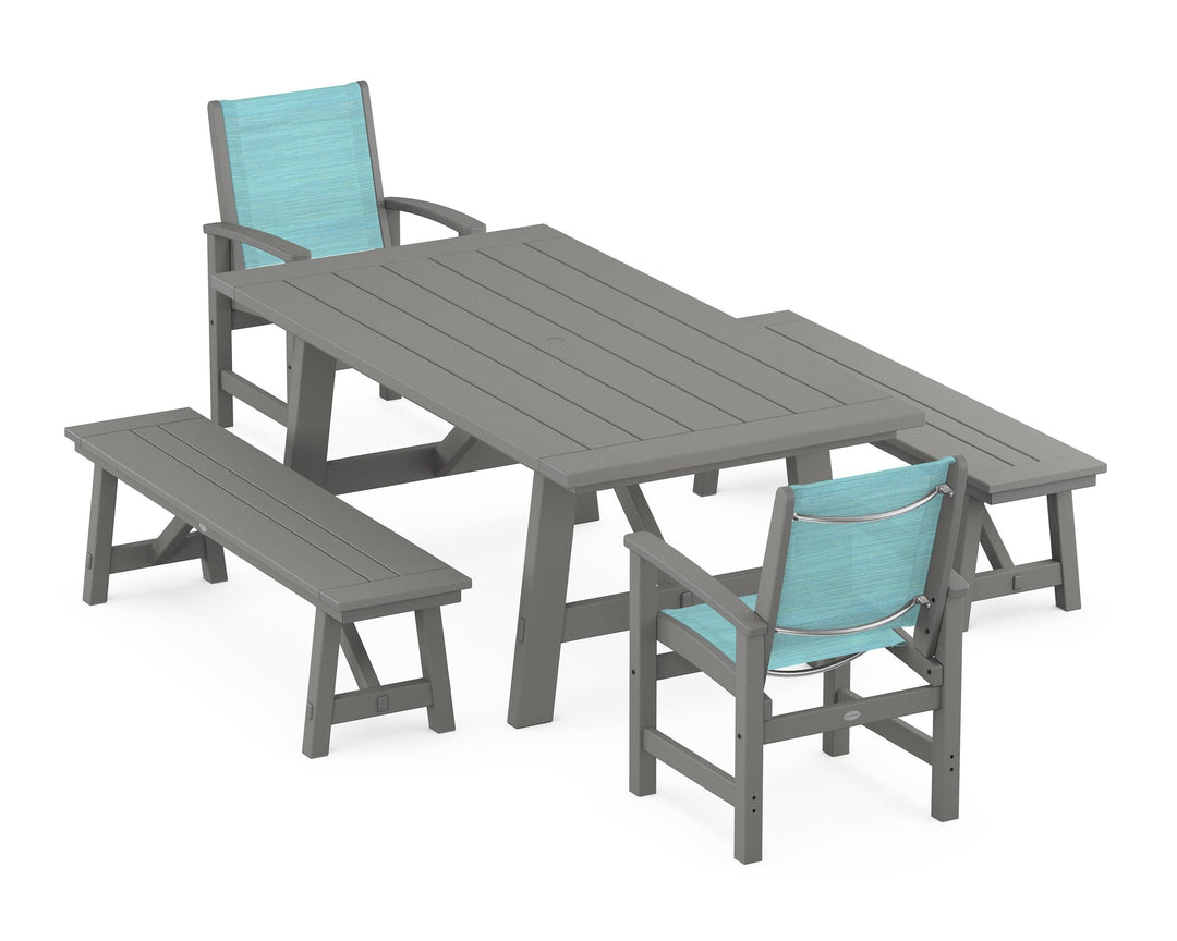 POLYWOOD® Coastal 5-Piece Rustic Farmhouse Dining Set With Benches