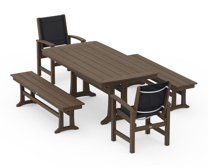 POLYWOOD® Coastal 5-Piece Dining Set with Trestle Legs and Benches