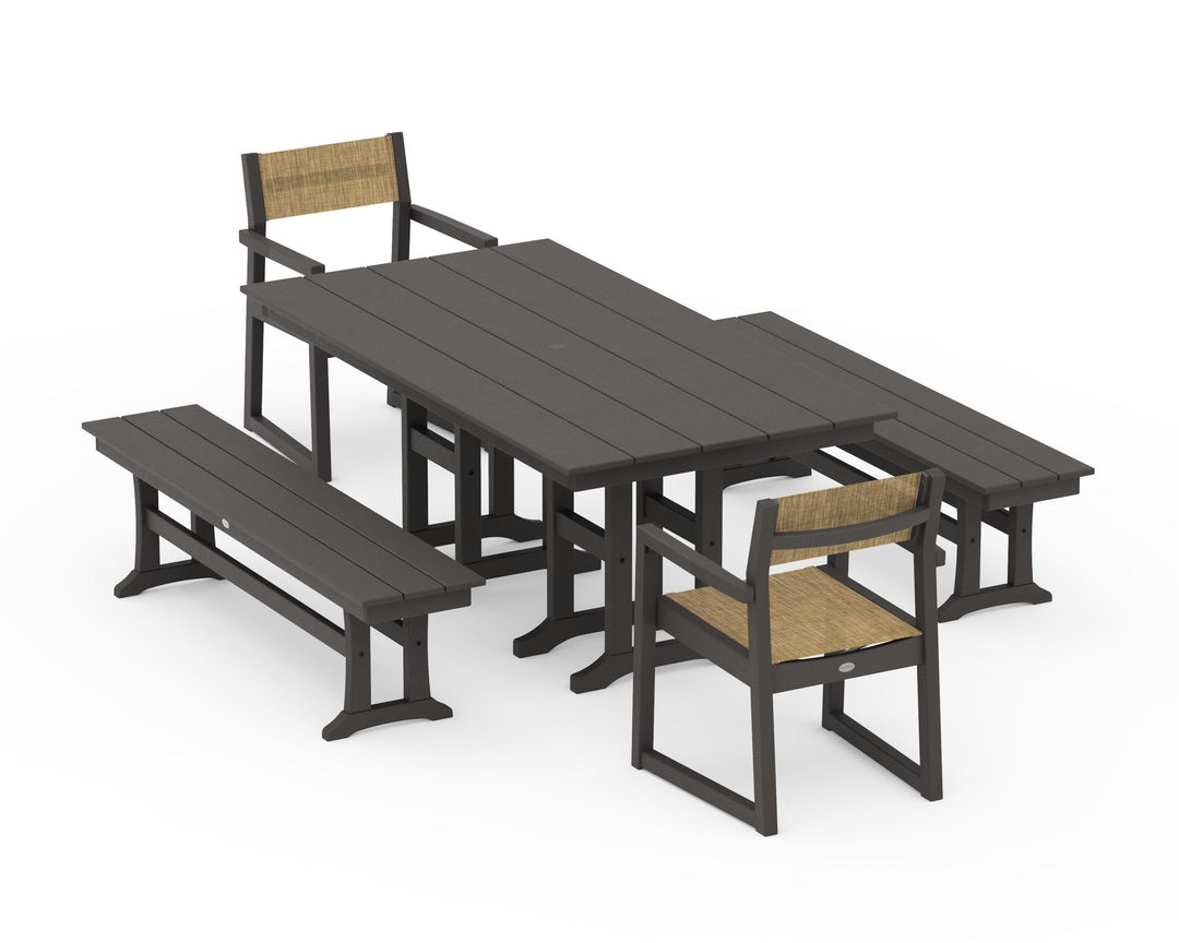 POLYWOOD® EDGE Sling Arm Chair 5-Piece Farmhouse Dining Set with Benches