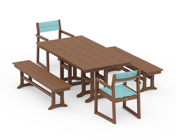 POLYWOOD® EDGE Sling Arm Chair 5-Piece Farmhouse Dining Set with Benches