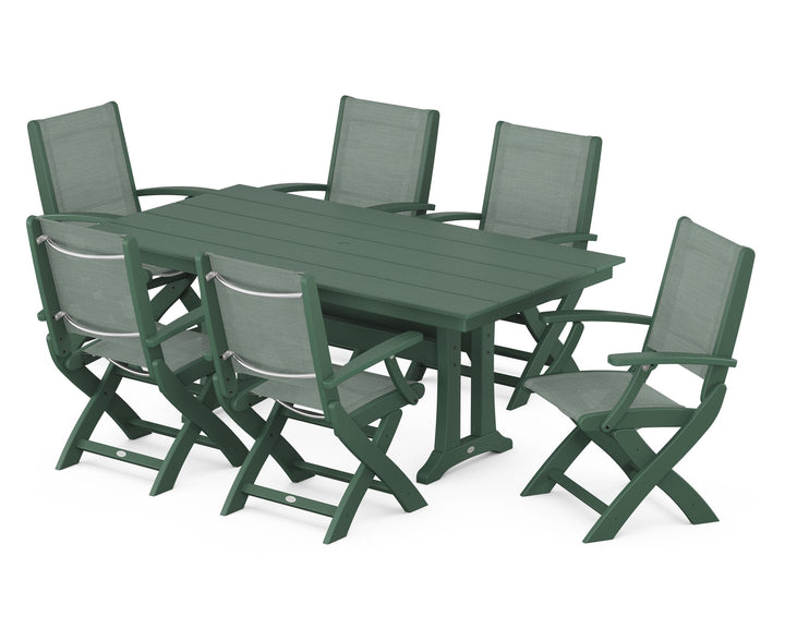 POLYWOOD® Coastal Folding Arm Chair 7-Piece Farmhouse Dining Set with Trestle Legs