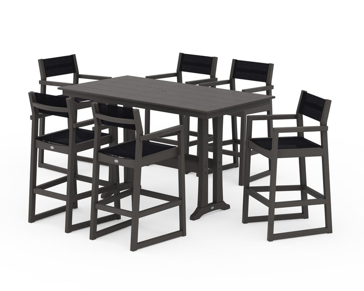 POLYWOOD® EDGE Sling Arm Chair 7-Piece Farmhouse Bar Set with Trestle Legs