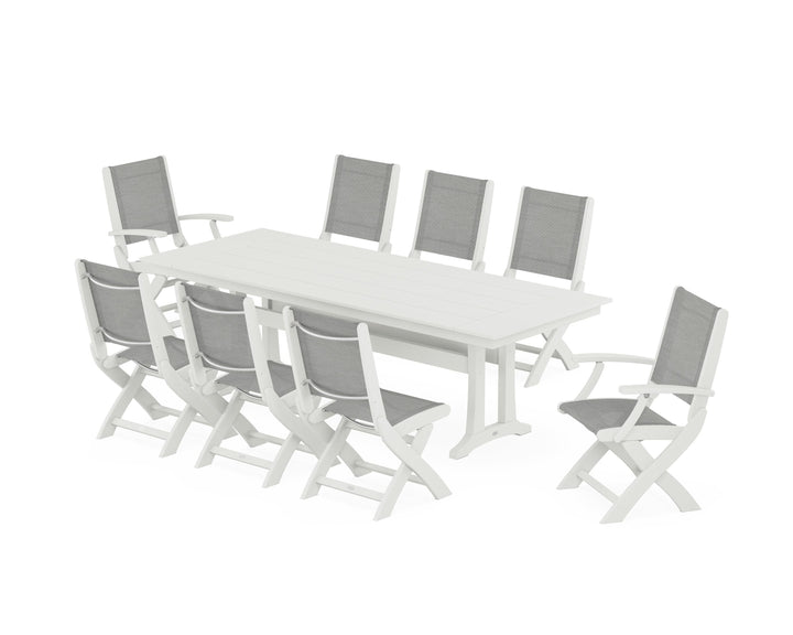 POLYWOOD® Coastal 9-Piece Folding Dining Chair Farmhouse Dining Set with Trestle Legs
