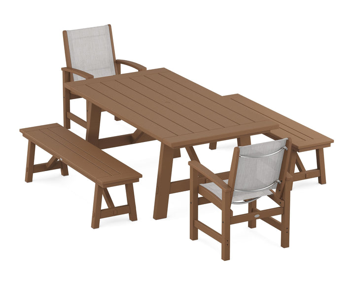 POLYWOOD® Coastal 5-Piece Rustic Farmhouse Dining Set With Benches