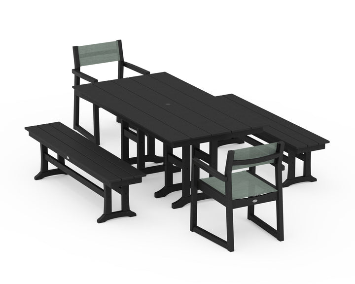 POLYWOOD® EDGE Sling Arm Chair 5-Piece Farmhouse Dining Set with Benches