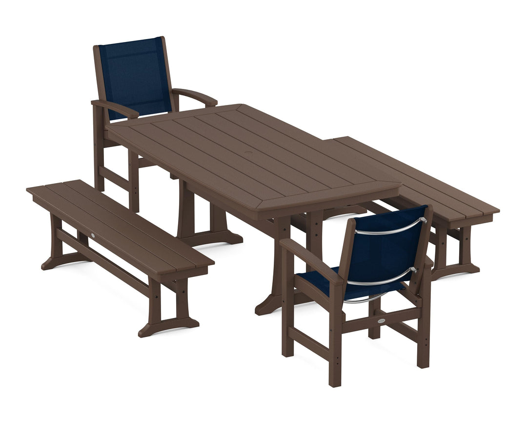 POLYWOOD® Coastal 5-Piece Dining Set with Trestle Legs and Benches