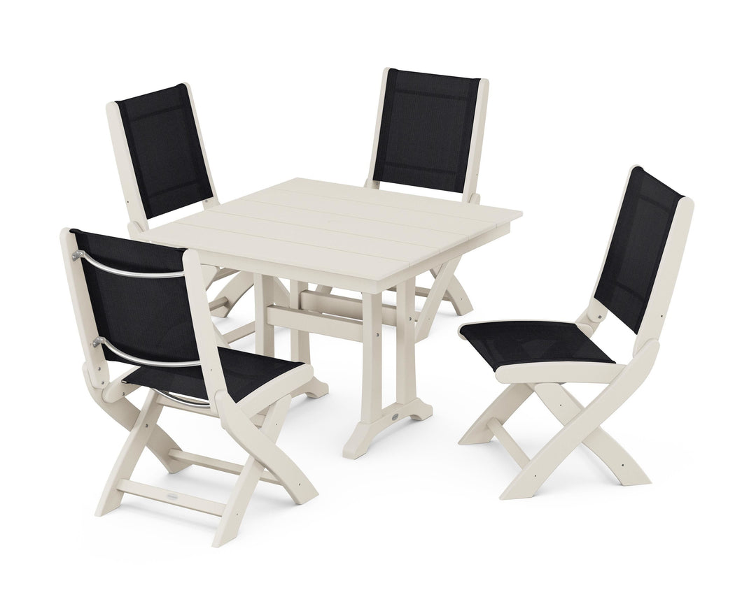 POLYWOOD® Coastal Folding Side Chair 5-Piece Farmhouse Dining Set With Trestle Legs